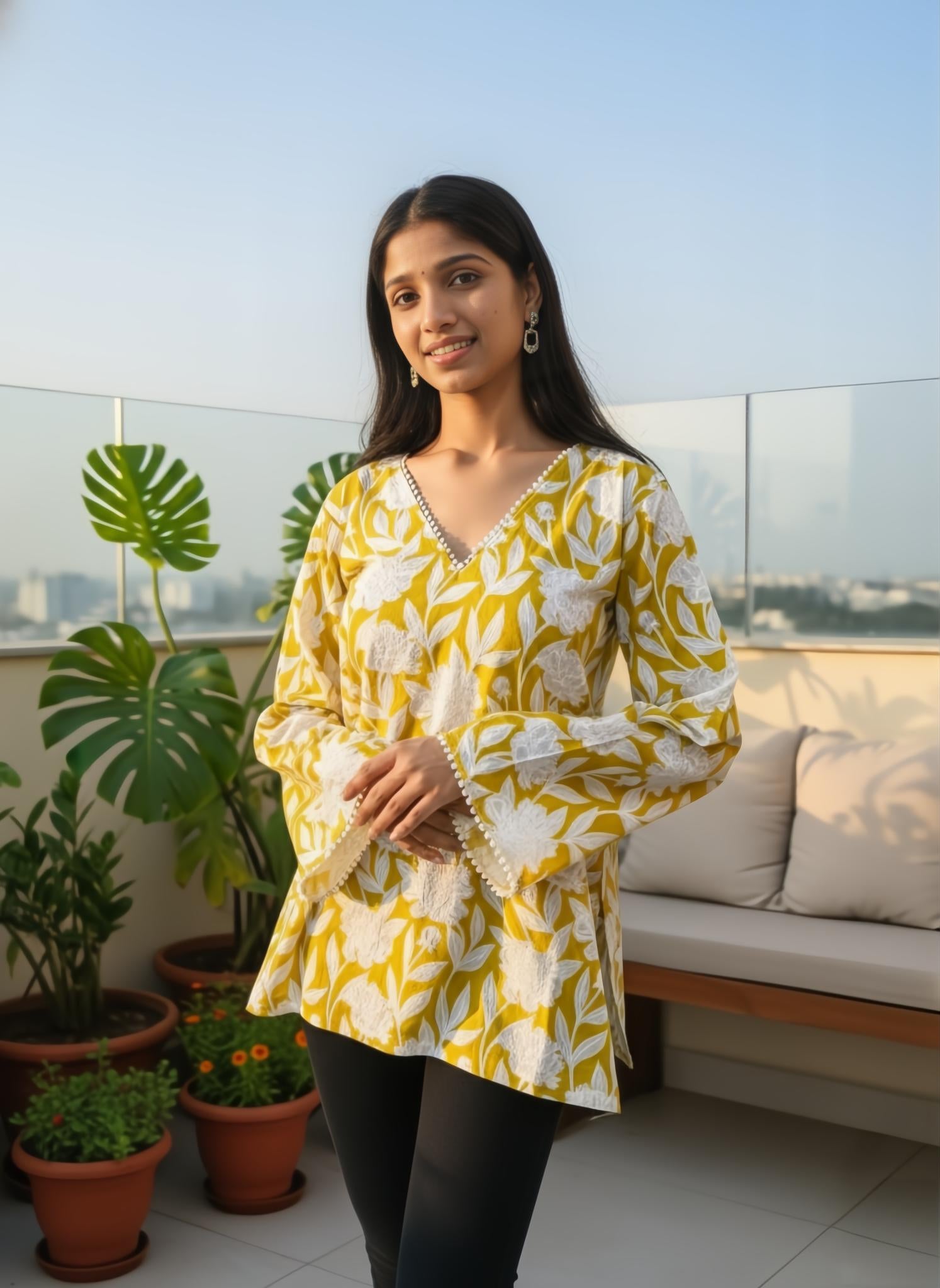 Vrishti yellow cotton short kurti by Viksha